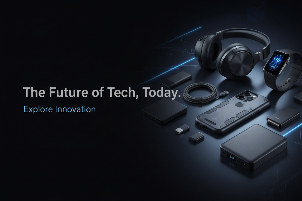 Modern ecommerce hero banner for electronics and accessories store,
showing wireless headphones, smartwatch, smartphone accessories, power bank,
clean minimal design,
dark technology background with soft blue light accents,
professional product lighting,
realistic premium style,
no buttons, no call to action, no shop now text,
no white boxes, no frames,
empty space on the left with clean professional typography,
add headline text on the left:
"The Future of Tech, Today.",
add sub-headline text below:
"Explo