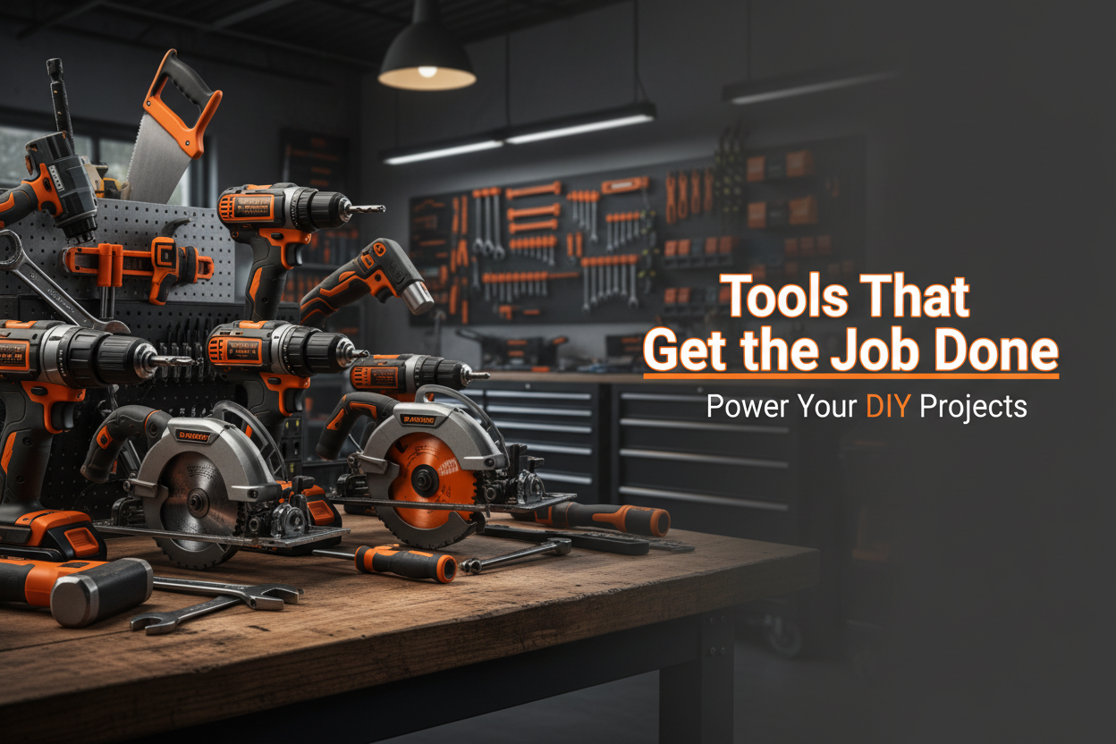 Wide ecommerce banner for tools and DIY essentials, 
showing power tools, hand tools, workshop background, 
strong and professional style, orange and black colors, 
realistic lighting, empty space for text add this text : Tools That Get the Job Done
Power Your DIY Projects 
